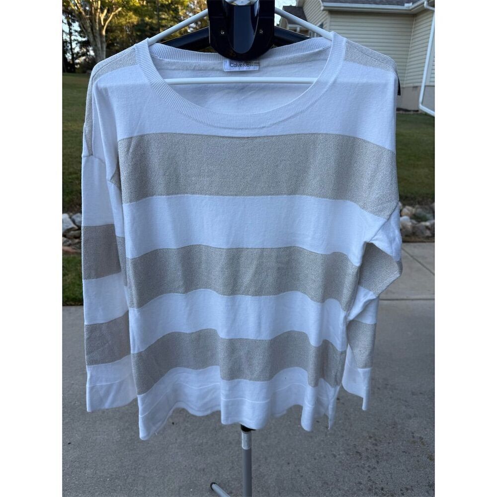 Calvin Klein White Silver Stripe Crew Neck Sweater